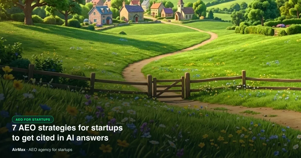 Wildflowers in the foreground of a meadow with a wooden gate on a path to a village, under the title 7 AEO strategies for startups