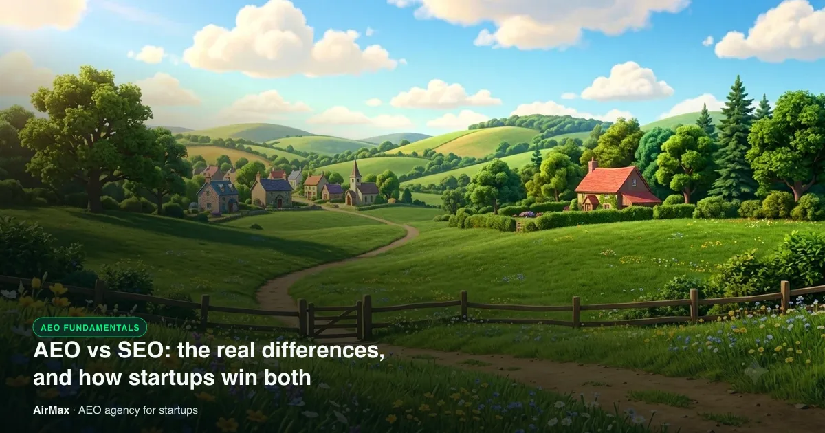 Sunlit green countryside with a winding dirt path leading through a wooden gate to a village, under the title AEO vs SEO