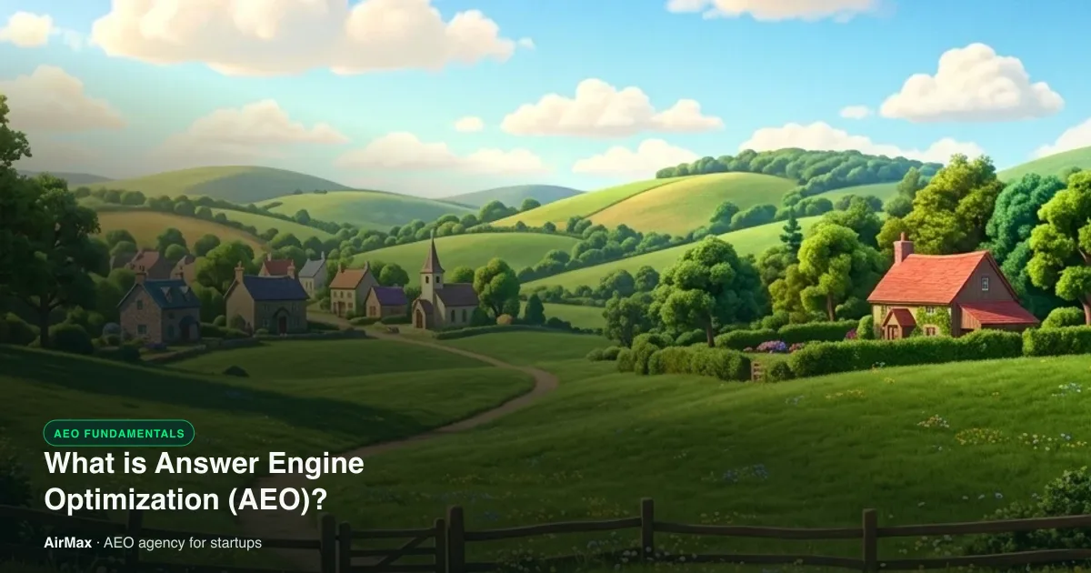 A village with a small church on a green hillside above a winding path, under the title What is Answer Engine Optimization
