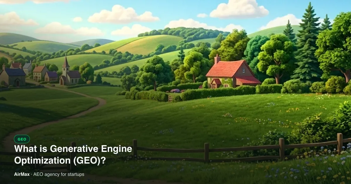 A red-roofed cottage among trees and hedges on a sunny green hillside, under the title What is Generative Engine Optimization